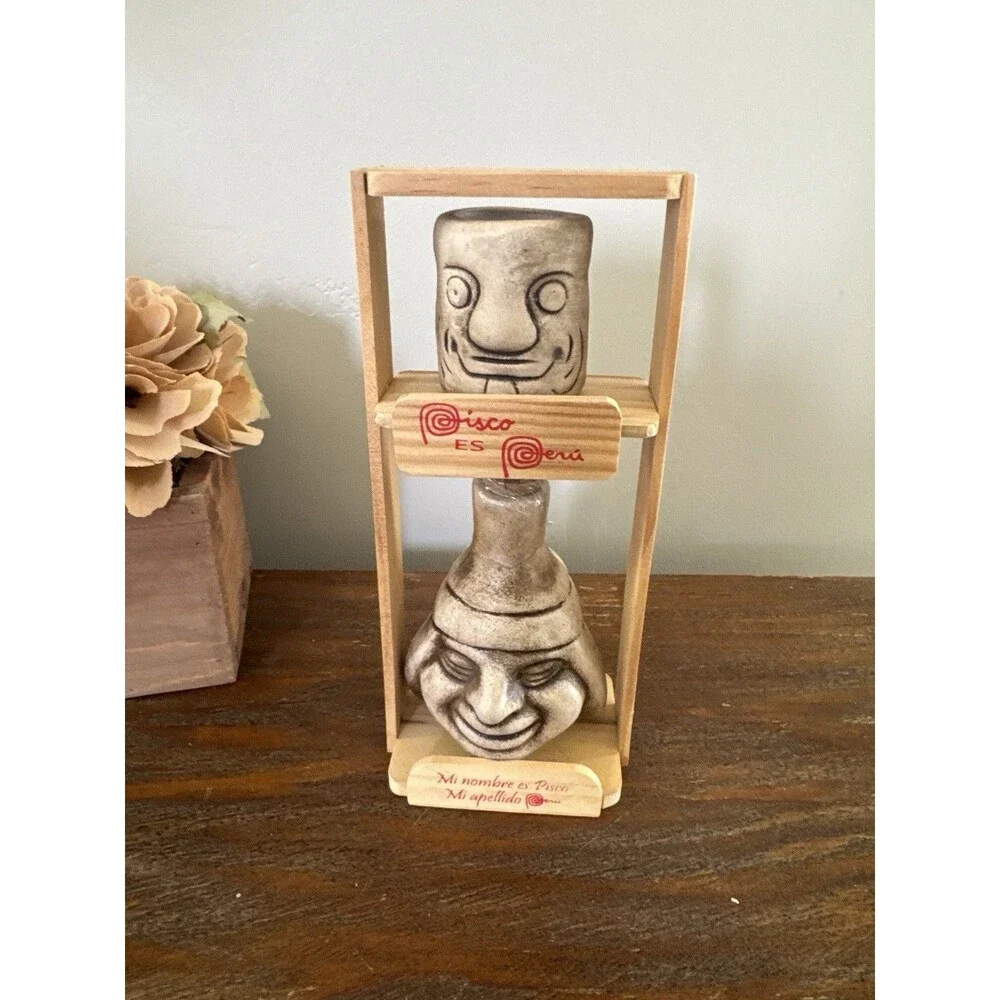Peruvian Pisco Decanter Set Cusco Folk Art Bottle Shot Cup Andean Face Barware